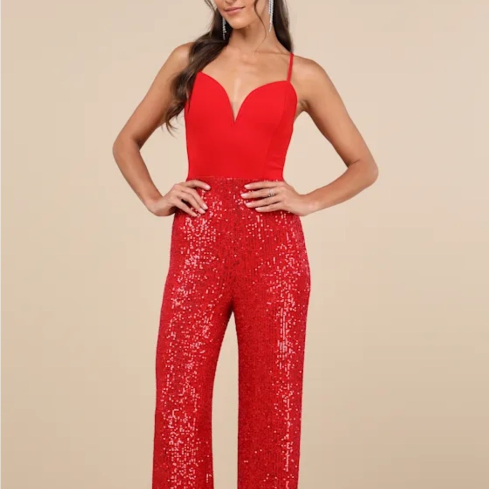 Lulu's Vibrant Red Sequin Jumpsuit